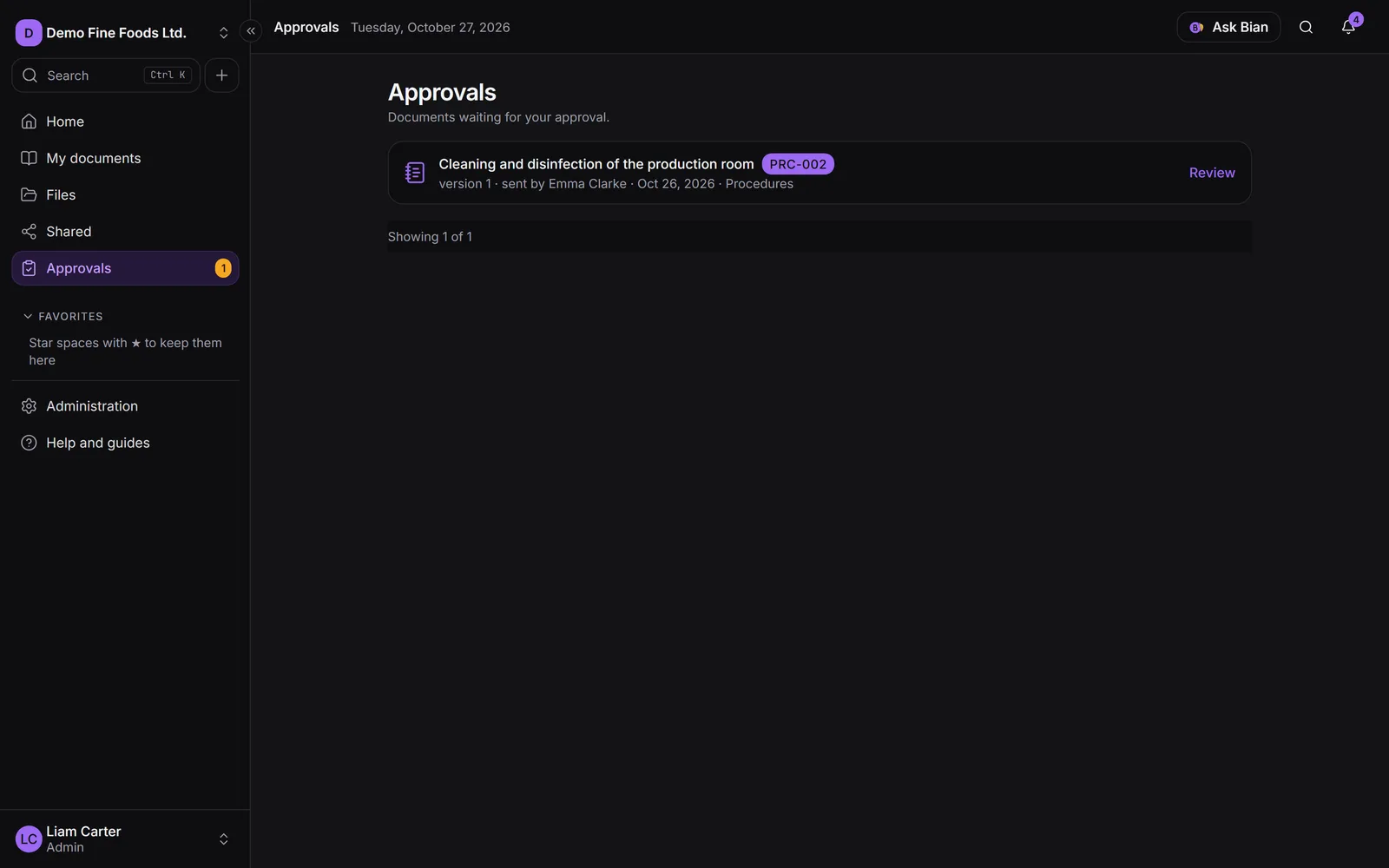The Approvals inbox with the documents waiting for review
