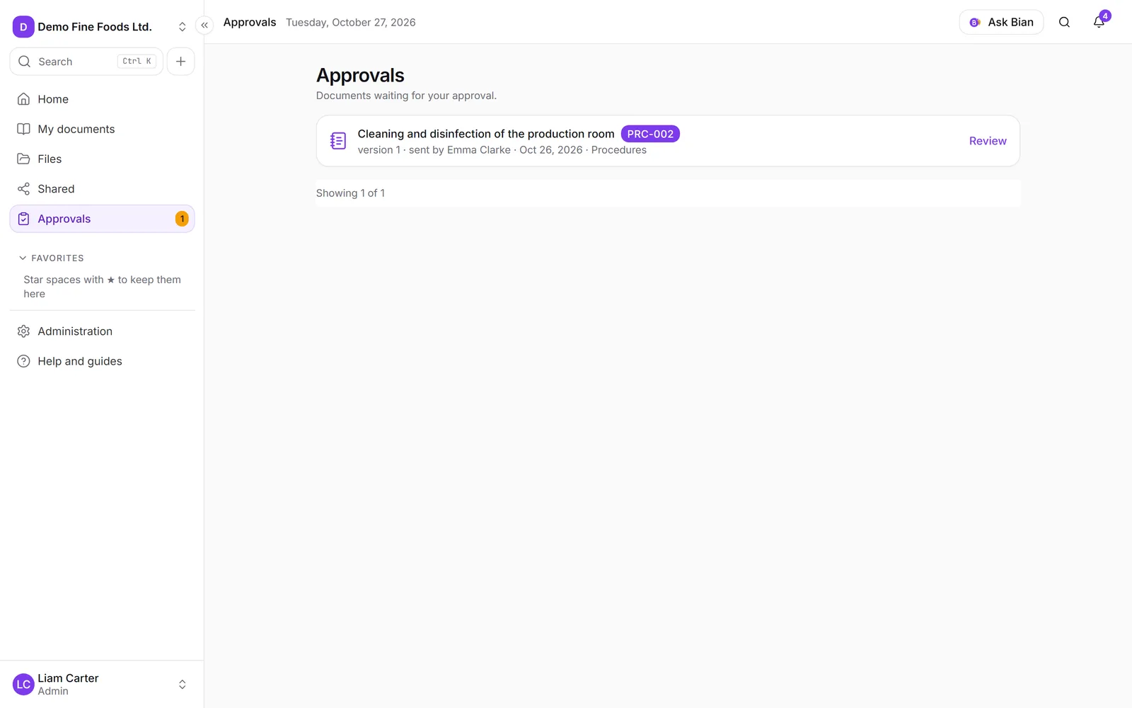 The Approvals inbox with the documents waiting for review