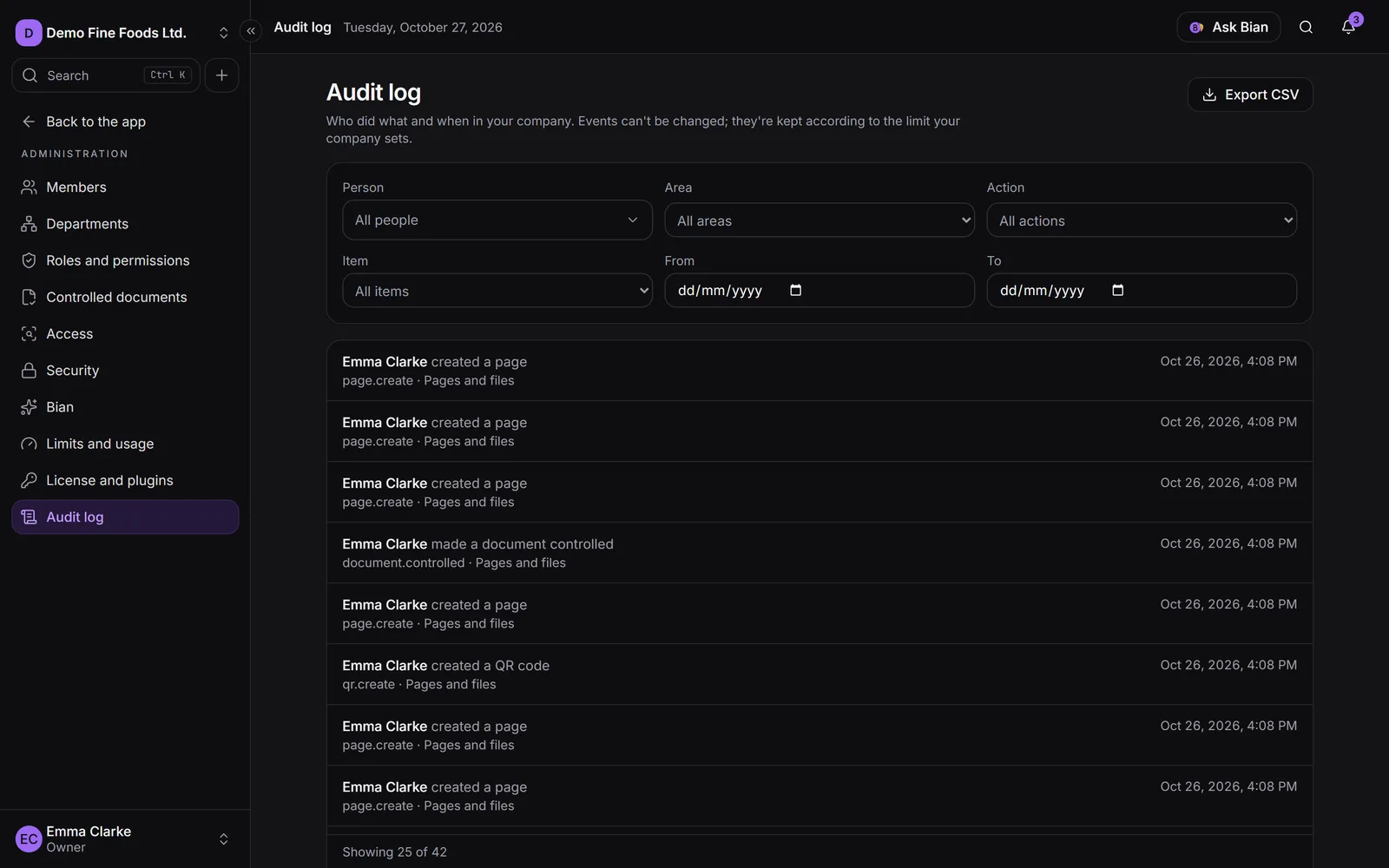 The Audit log, with the filters at the top and the list of events