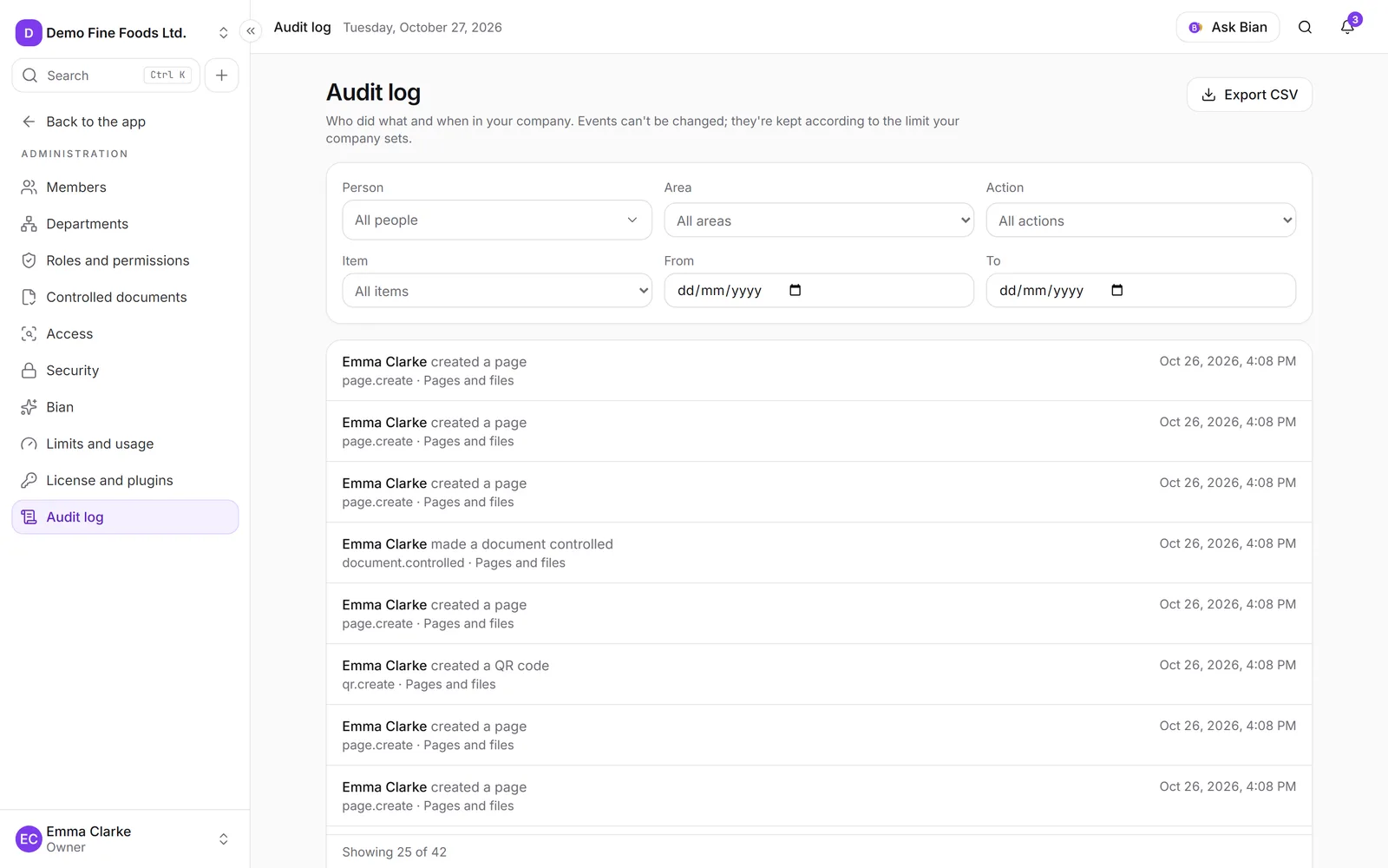 The Audit log, with the filters at the top and the list of events