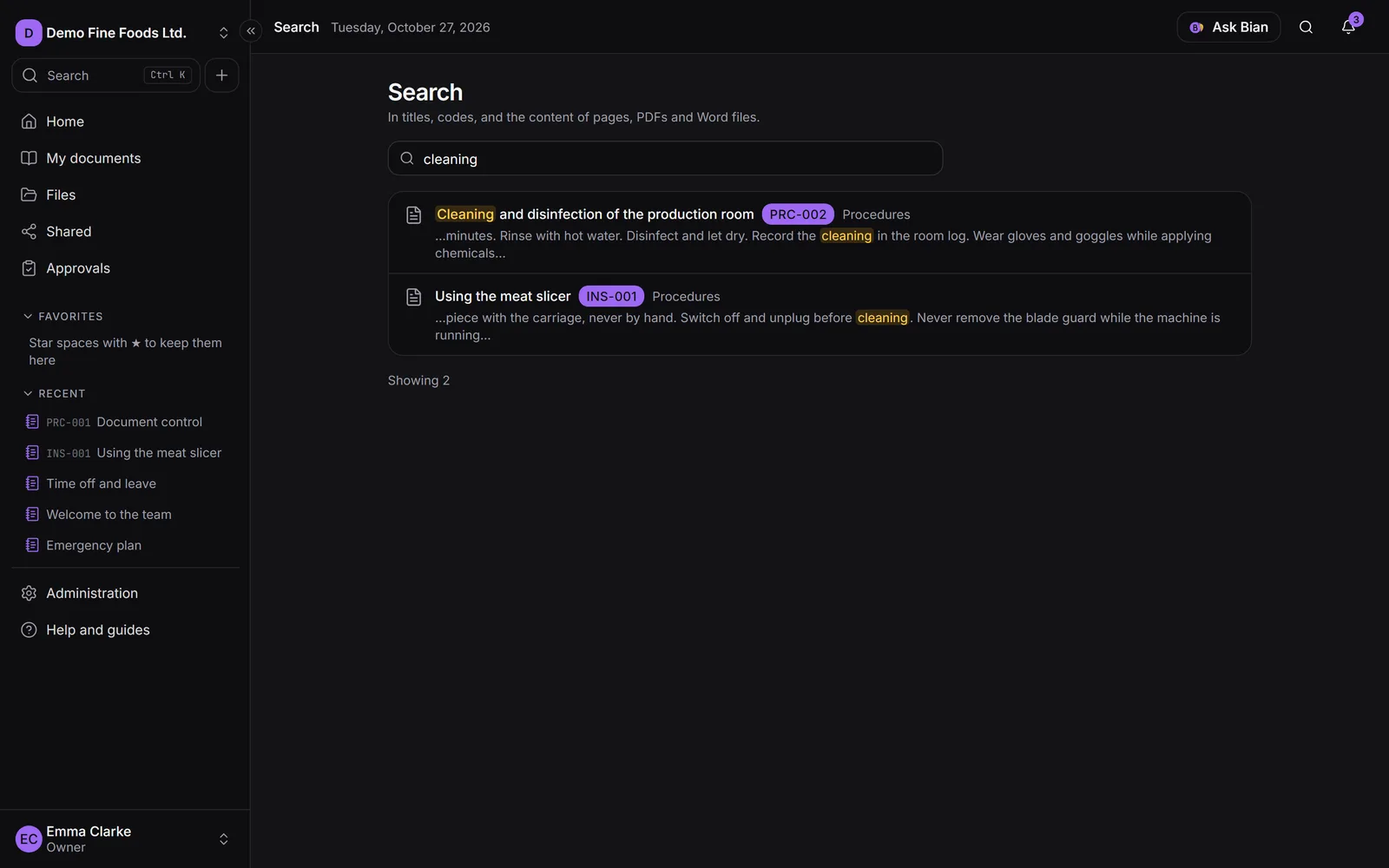 The Search screen with results and the search term highlighted in each passage