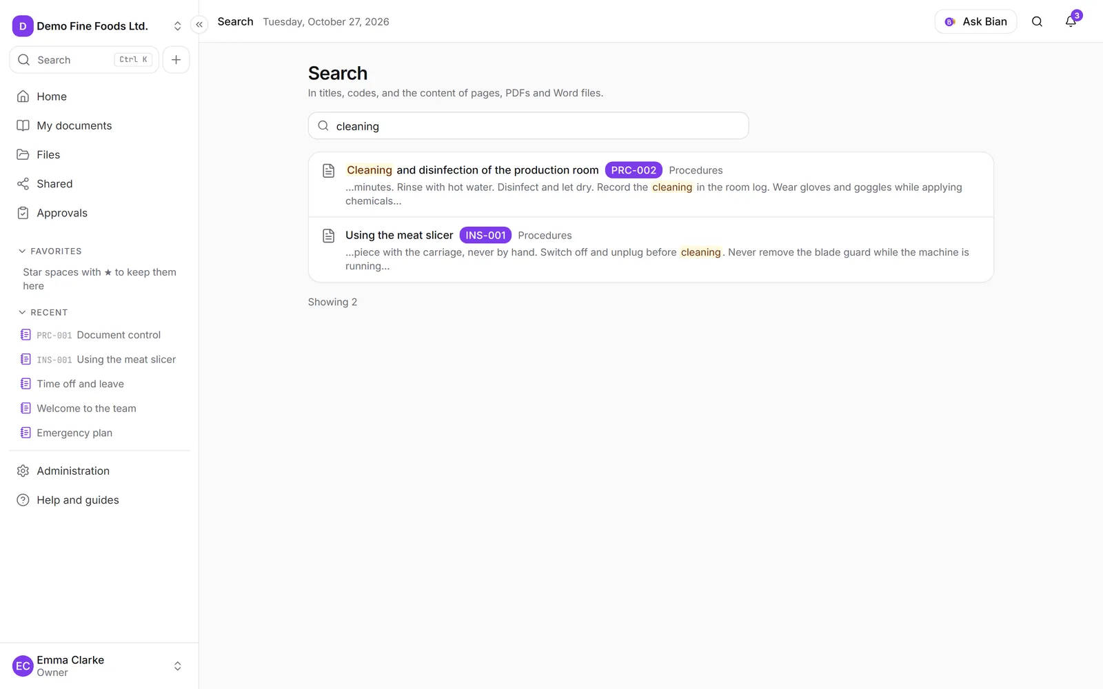 The Search screen with results and the search term highlighted in each passage