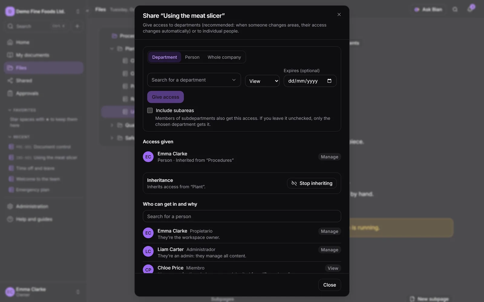 The Share dialog with the access given and the list of who can get in and why