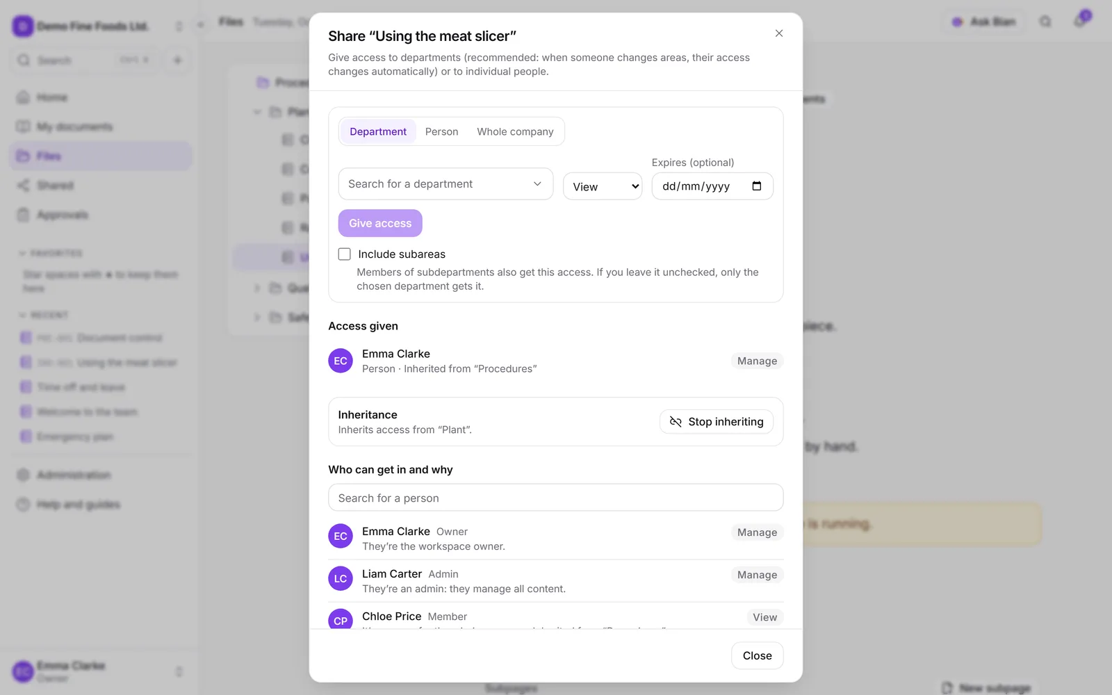 The Share dialog with the access given and the list of who can get in and why