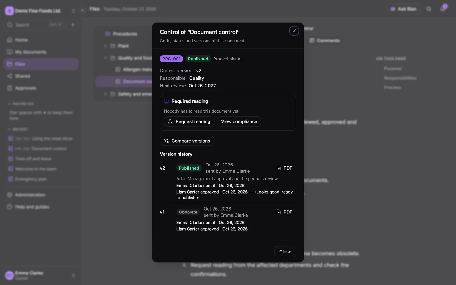The controlled document dialog, with its version history