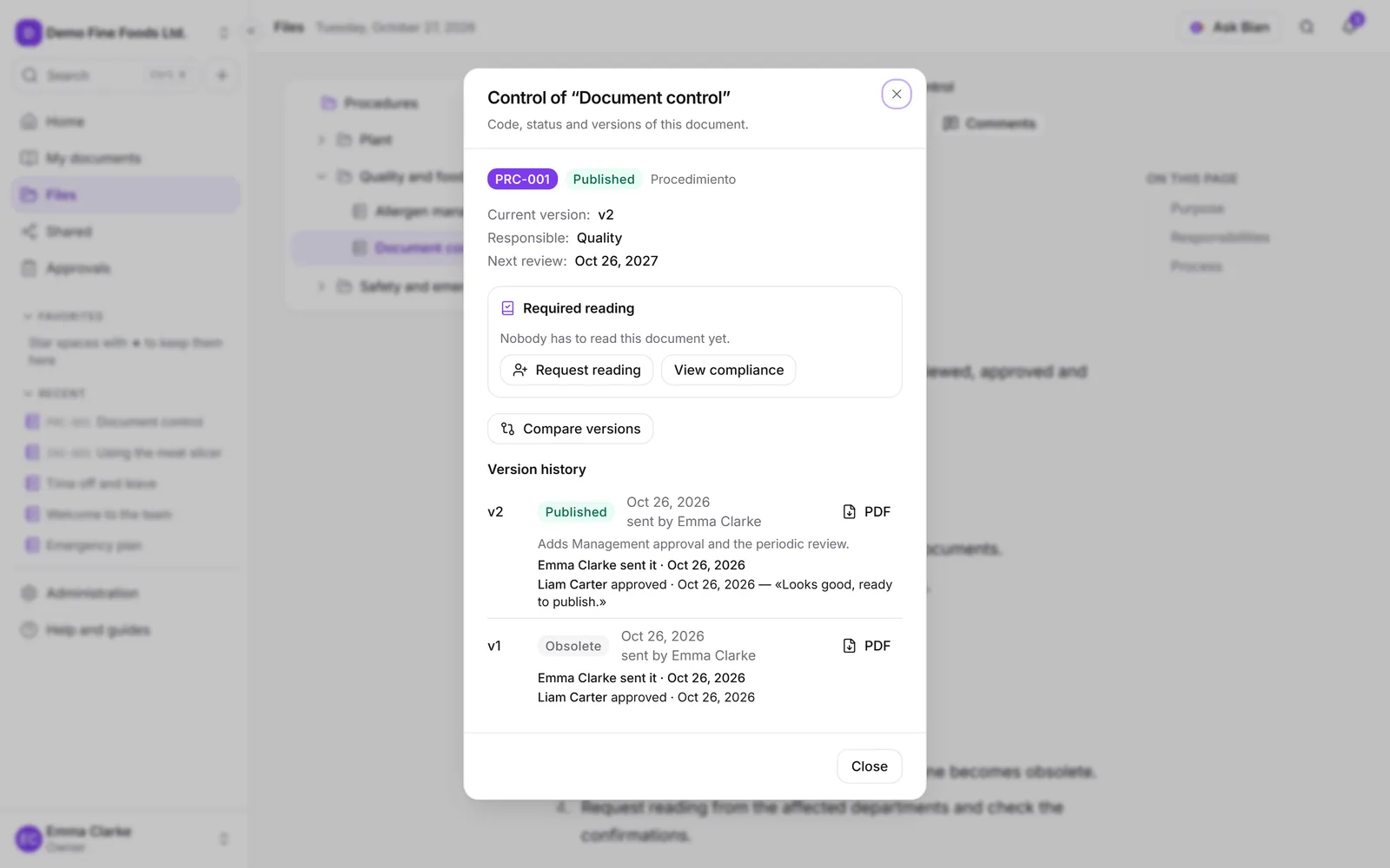 The controlled document dialog, with its version history