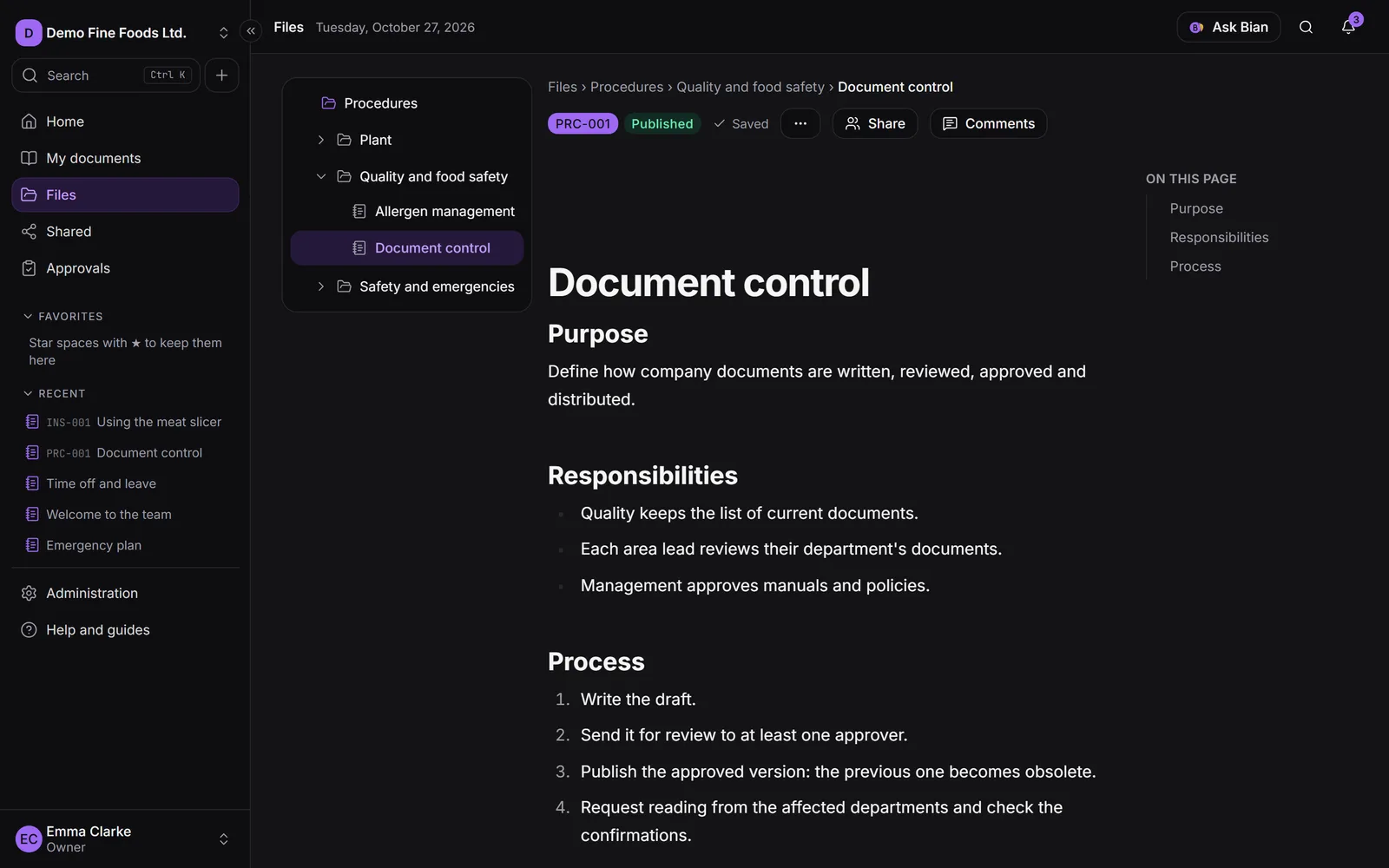 A controlled page with its code and status next to the title