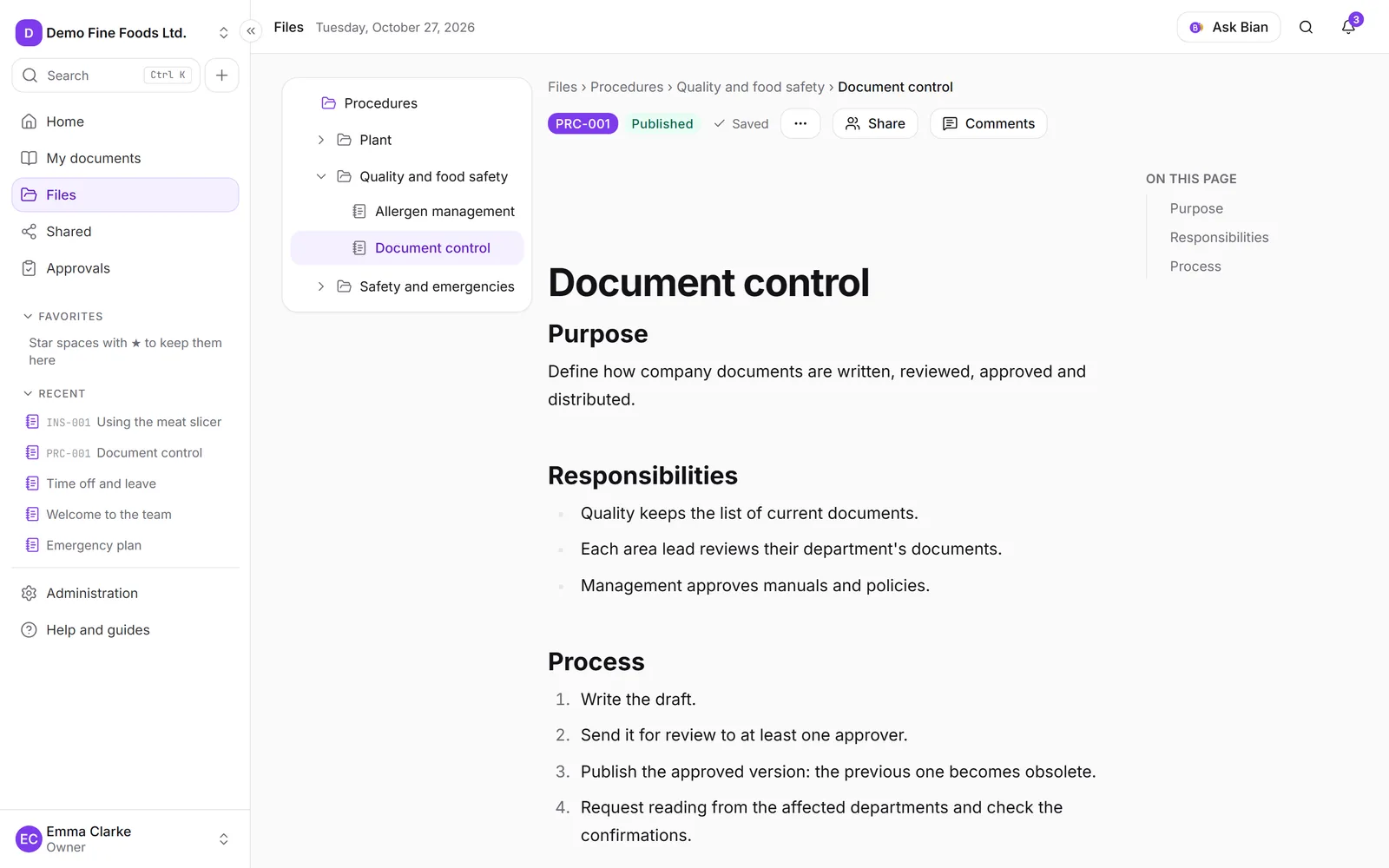 A controlled page with its code and status next to the title