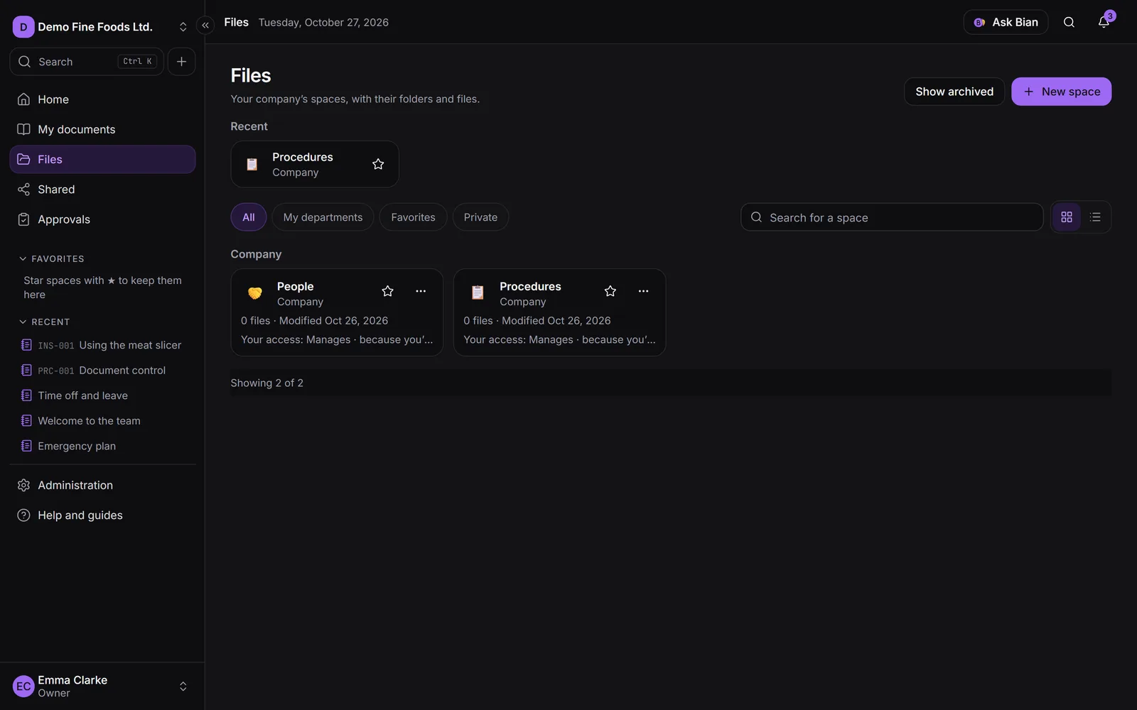 The list of spaces with favorites, recent items and the reason for each access