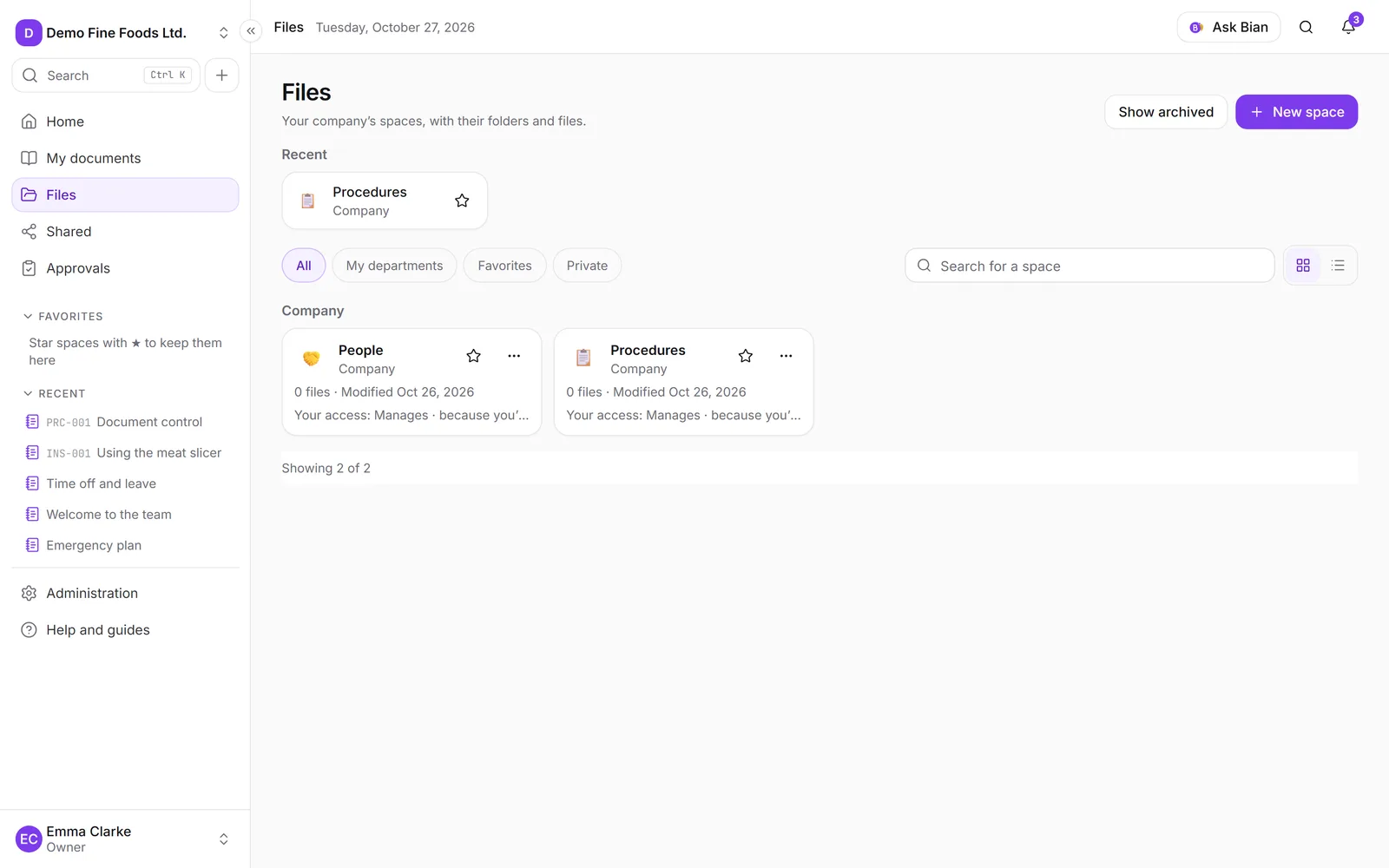 The list of spaces with favorites, recent items and the reason for each access