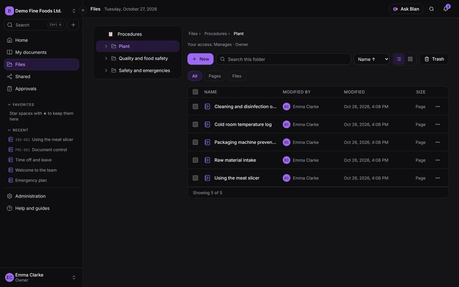A space's explorer with the folder tree, the file list and the New menu