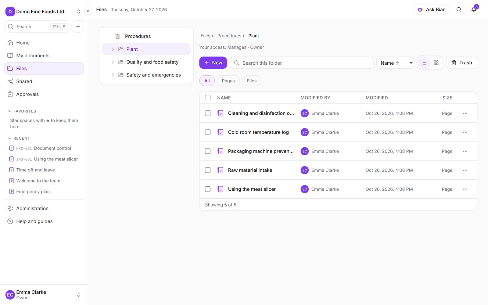 A space's explorer with the folder tree, the file list and the New menu
