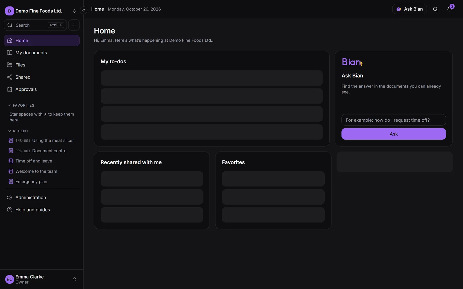 SpiderFolio's Home with current documents, pending tasks and the company's activity