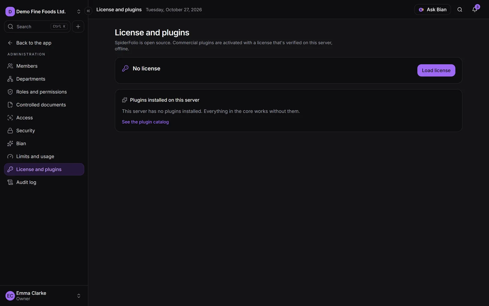 The License and plugins screen, where you paste the licence and see each plugin's status