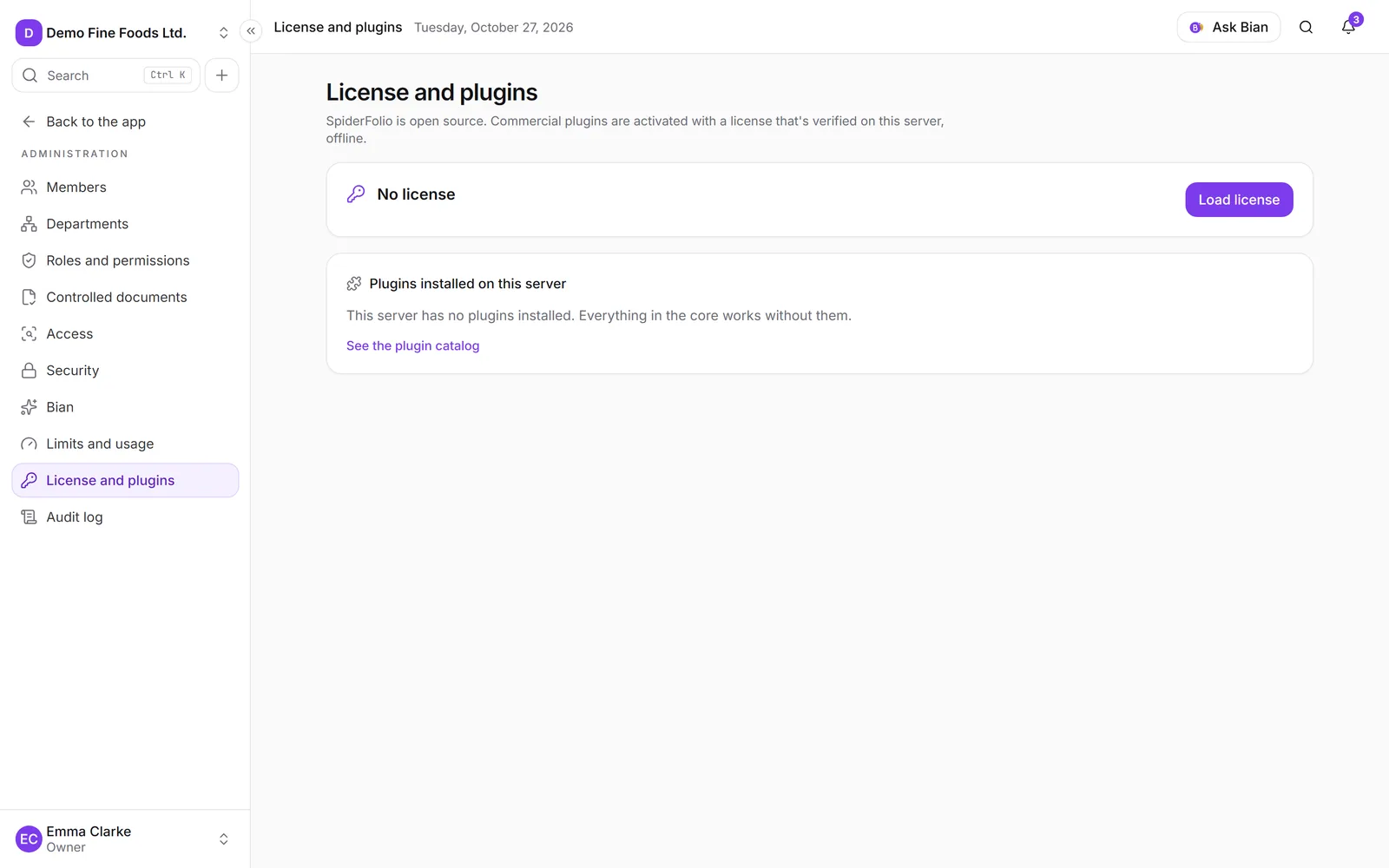 The License and plugins screen, where you paste the licence and see each plugin's status