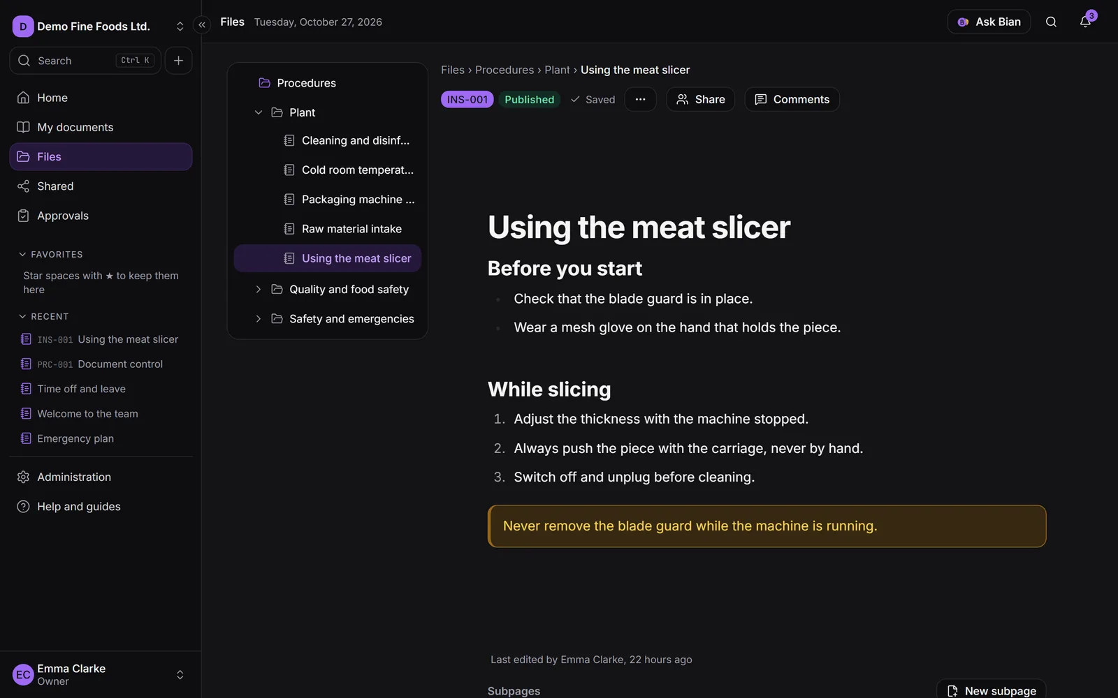 A page with a title, icon, table of contents and text, table and callout blocks