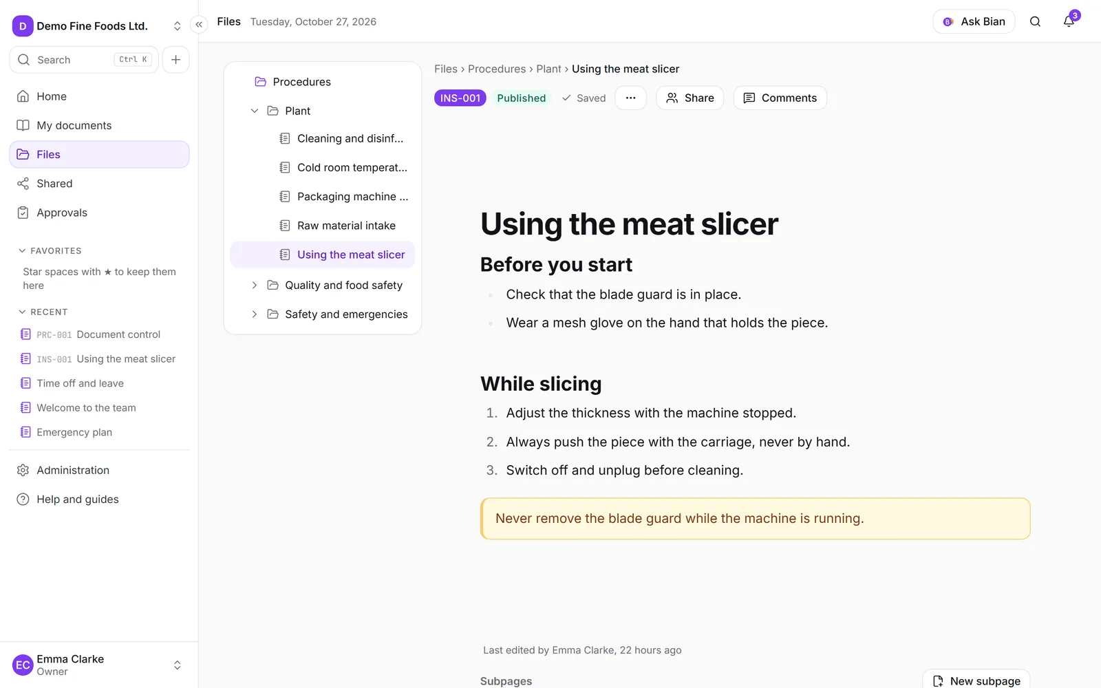 A page with a title, icon, table of contents and text, table and callout blocks