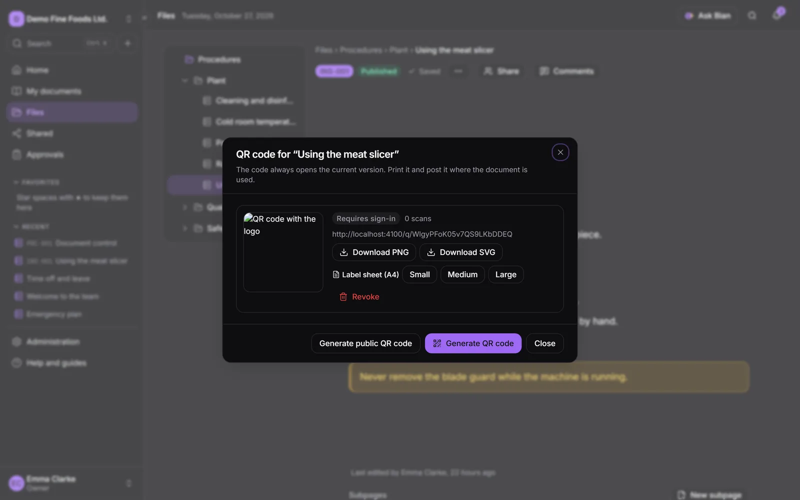 The QR codes dialog with the preview, downloads and label sheet