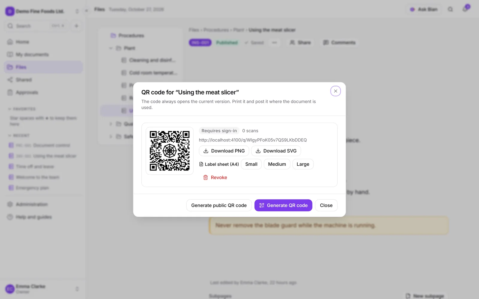 The QR codes dialog with the preview, downloads and label sheet