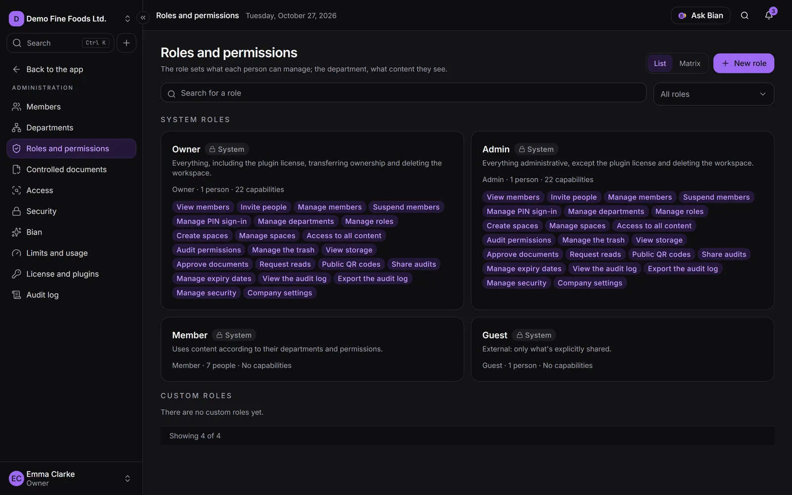 The Roles and permissions screen, with the system roles and the custom ones
