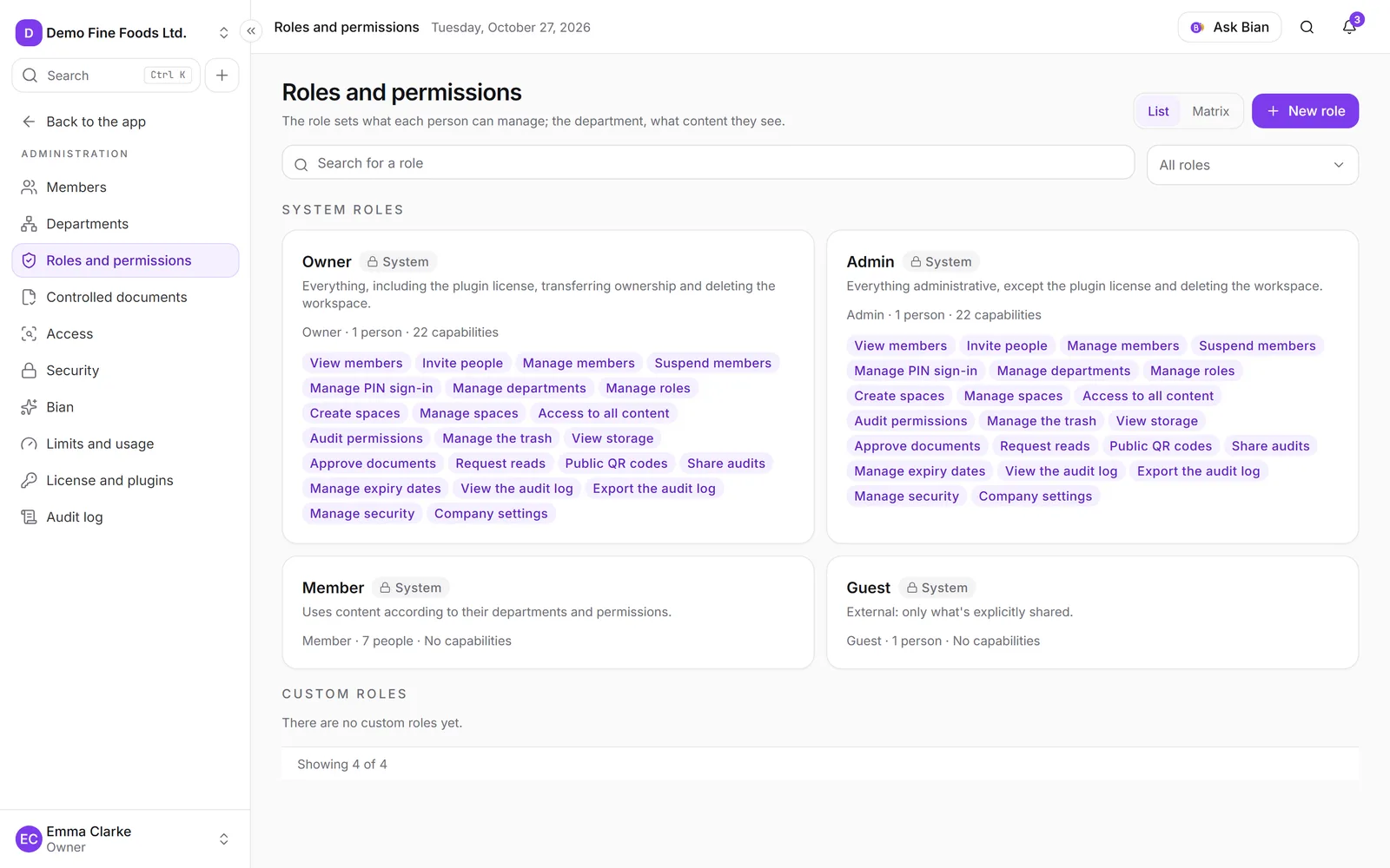 The Roles and permissions screen, with the system roles and the custom ones