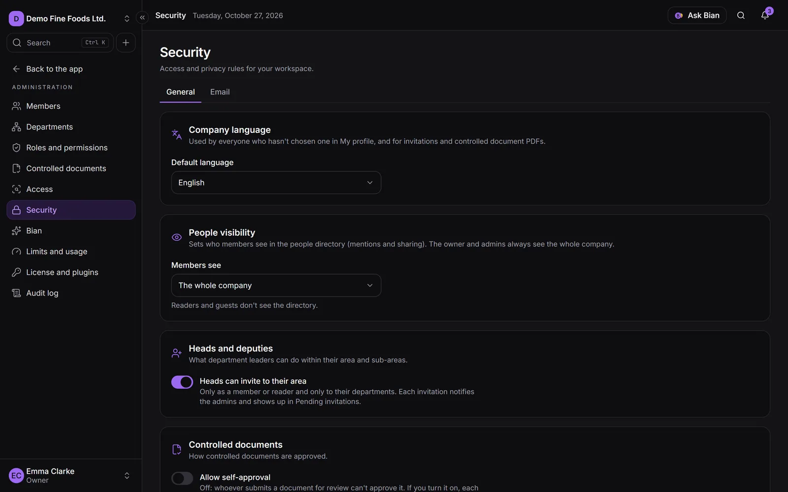 The company Security section, with the language, people visibility and controlled document rules