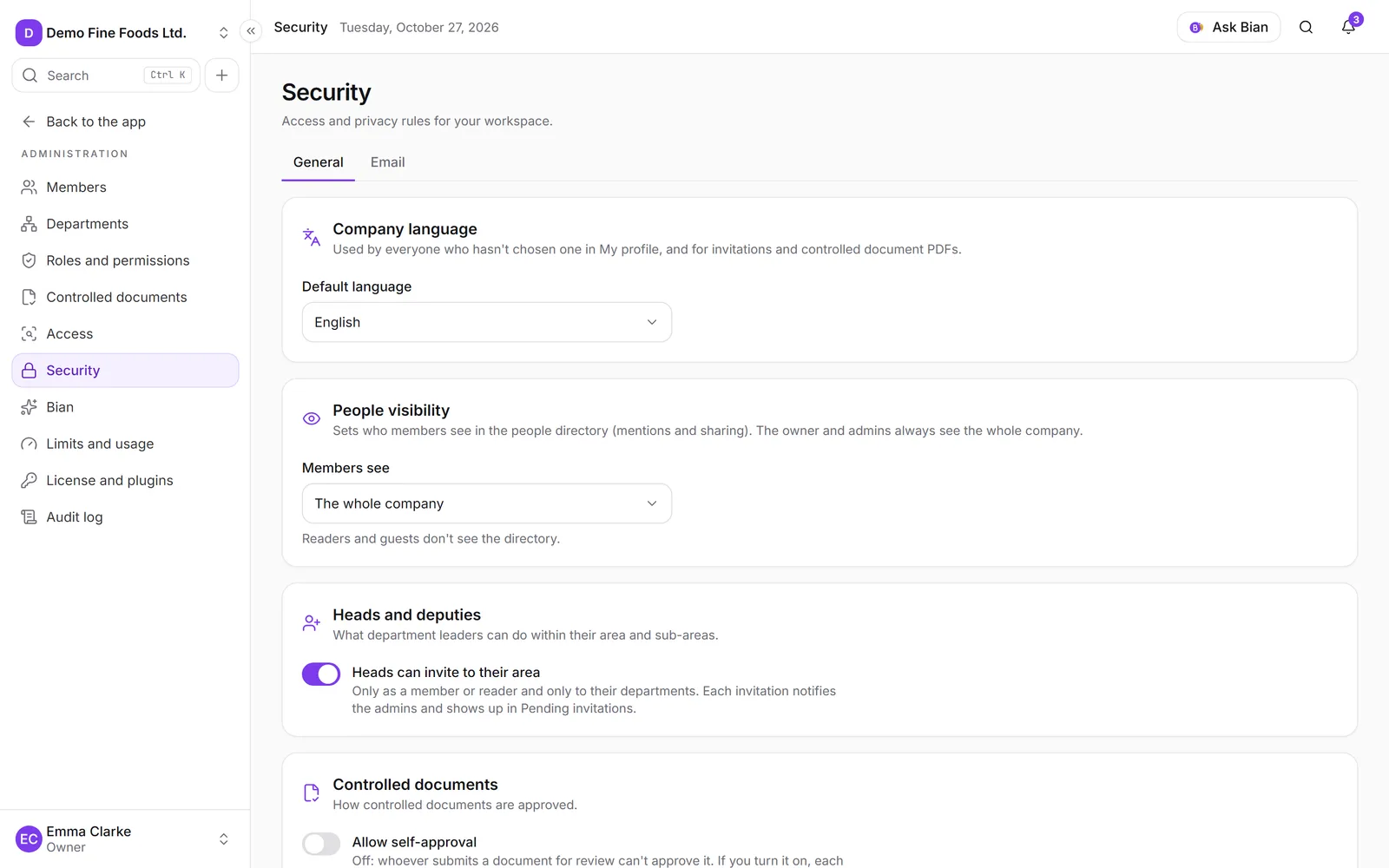 The company Security section, with the language, people visibility and controlled document rules