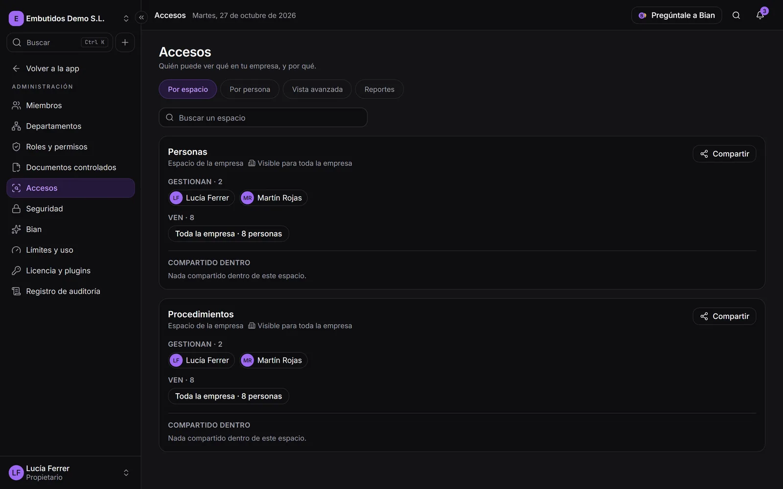 La pantalla Accesos con los espacios de la empresa y quién ve cada uno