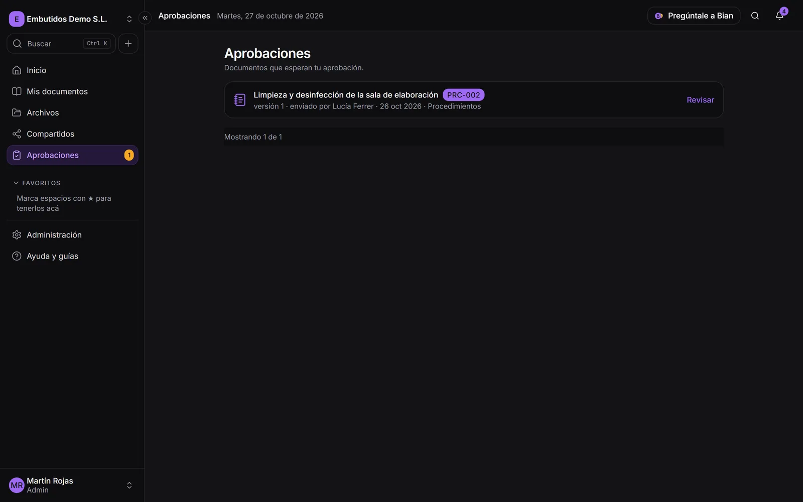 La bandeja Aprobaciones con los documentos que esperan revisión