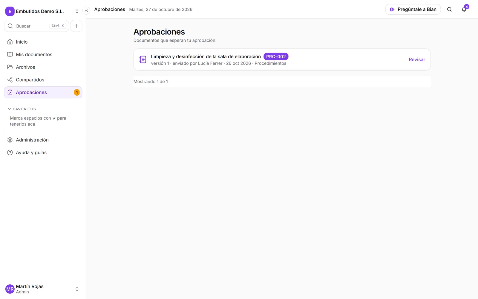 La bandeja Aprobaciones con los documentos que esperan revisión