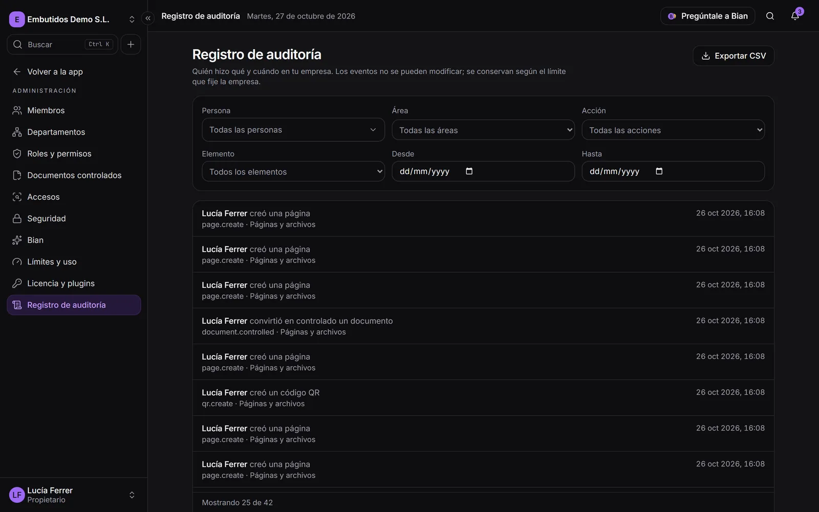 El Registro de auditoría, con los filtros arriba y la lista de eventos