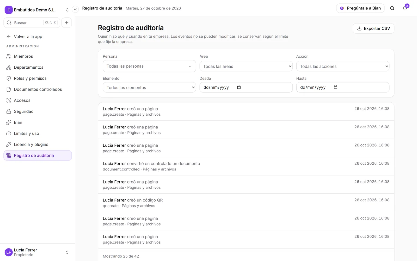 El Registro de auditoría, con los filtros arriba y la lista de eventos