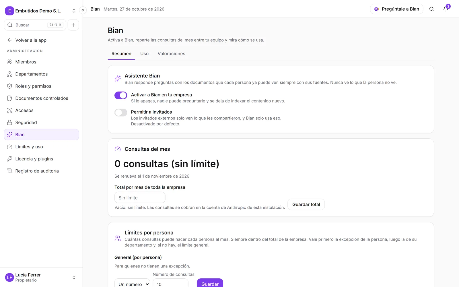 La administración de Bian con las consultas del mes y los límites por persona