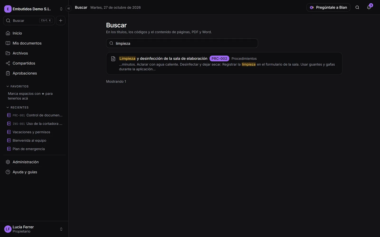 La pantalla Buscar con resultados y la palabra buscada resaltada en cada fragmento