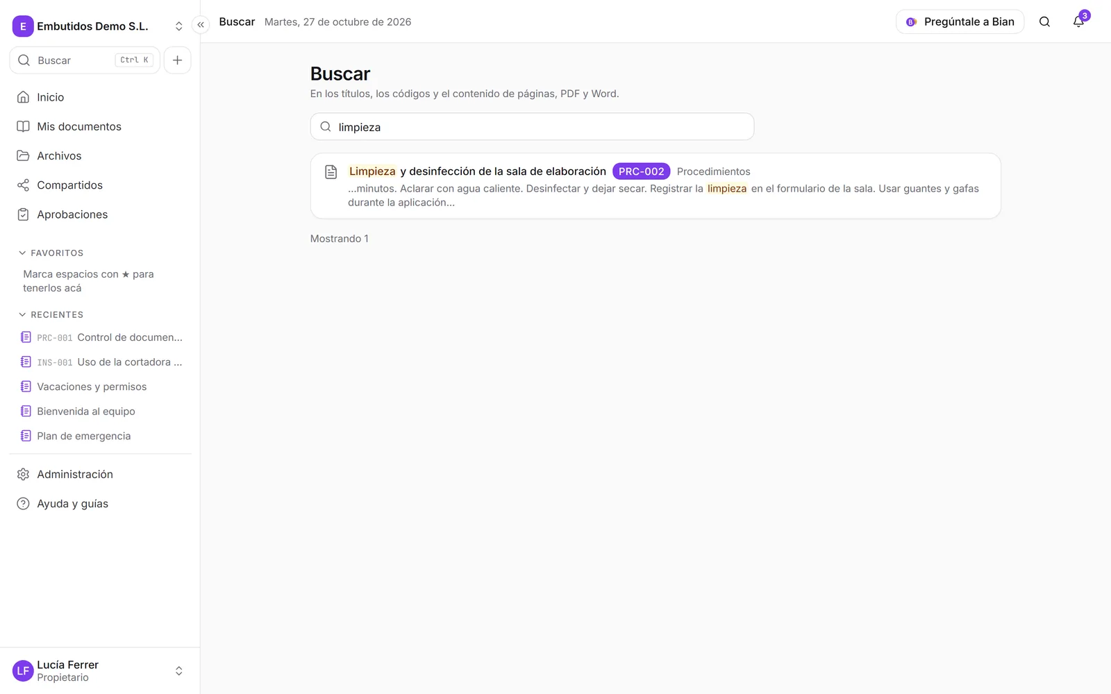 La pantalla Buscar con resultados y la palabra buscada resaltada en cada fragmento