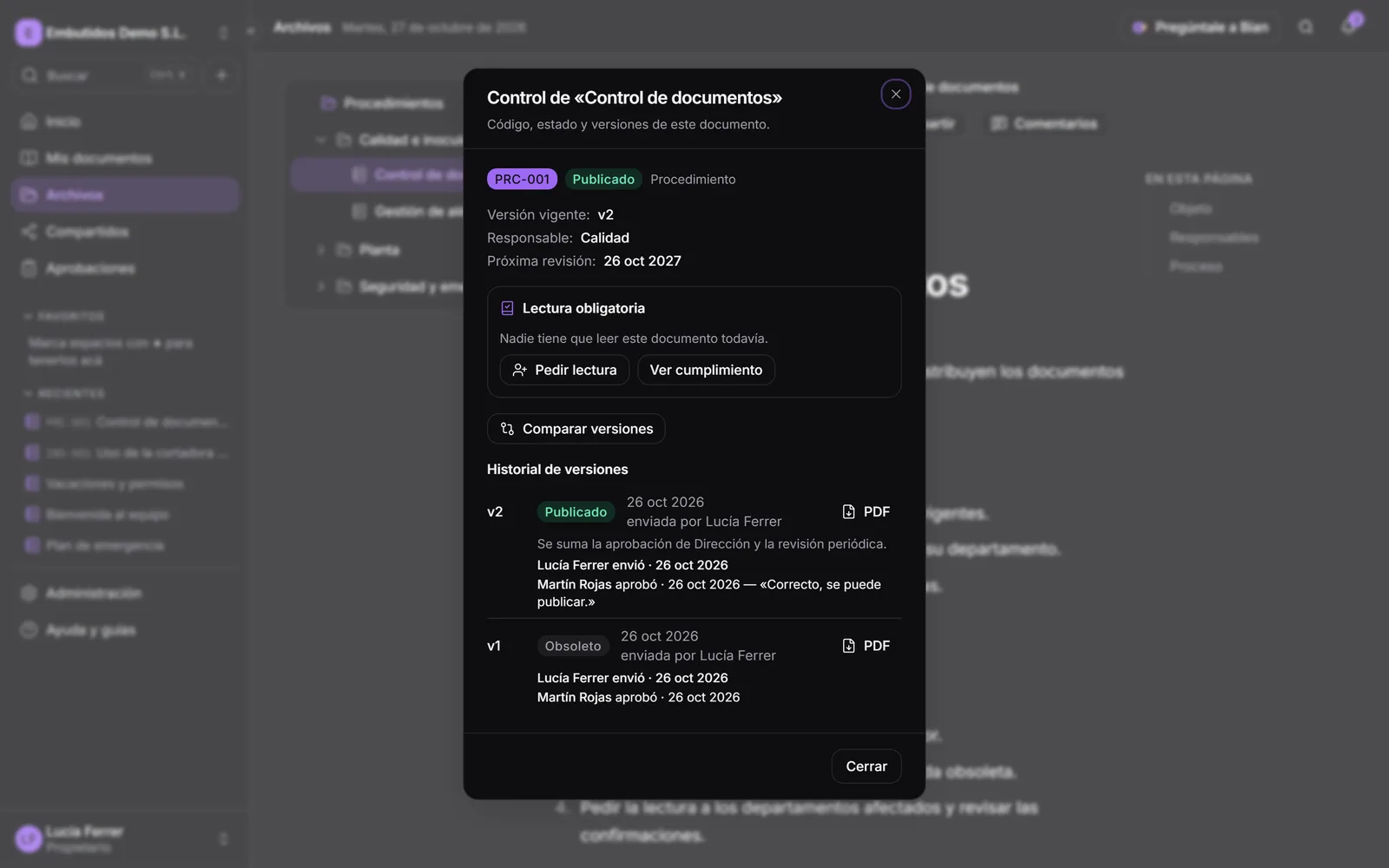 El diálogo de documento controlado, con su historial de versiones