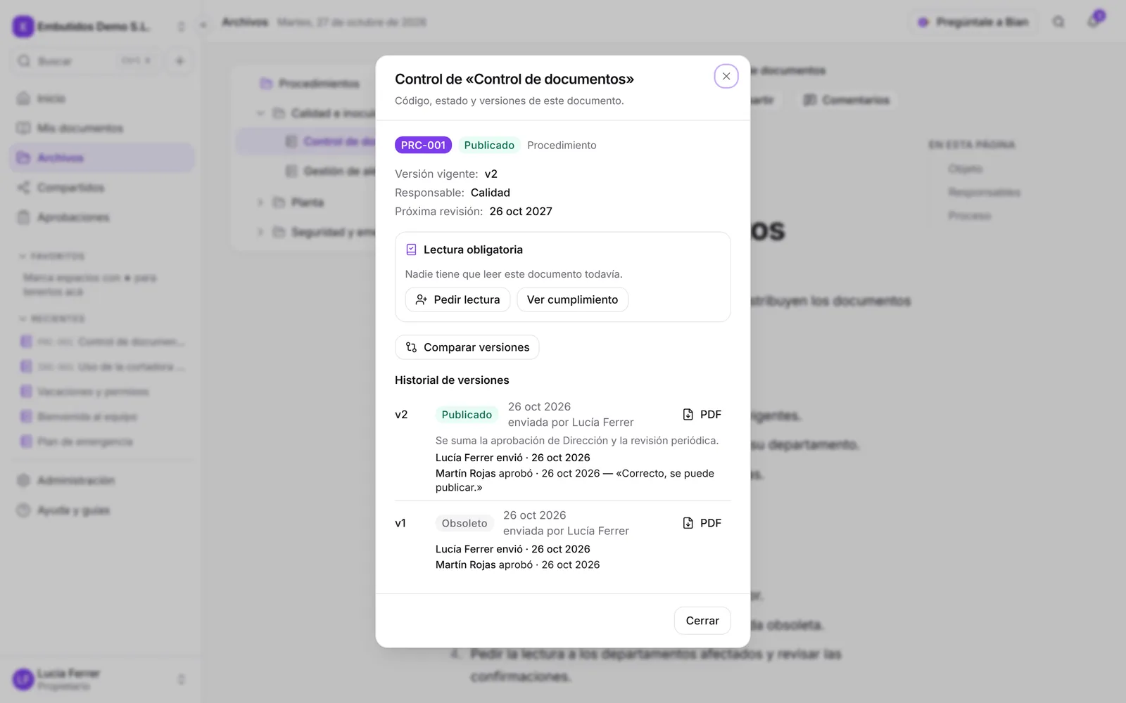 El diálogo de documento controlado, con su historial de versiones