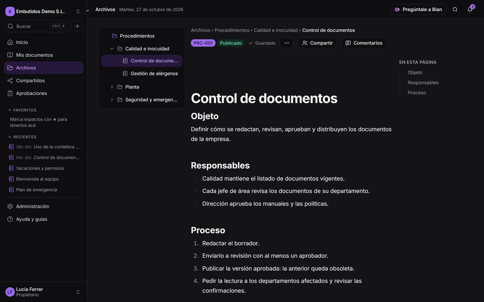 Una página controlada con su código y su estado junto al título