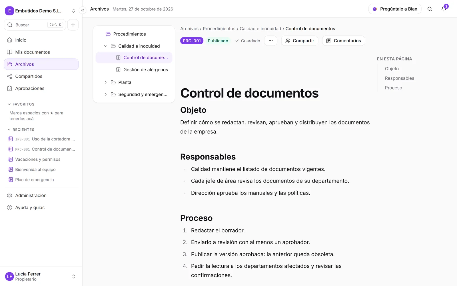Una página controlada con su código y su estado junto al título