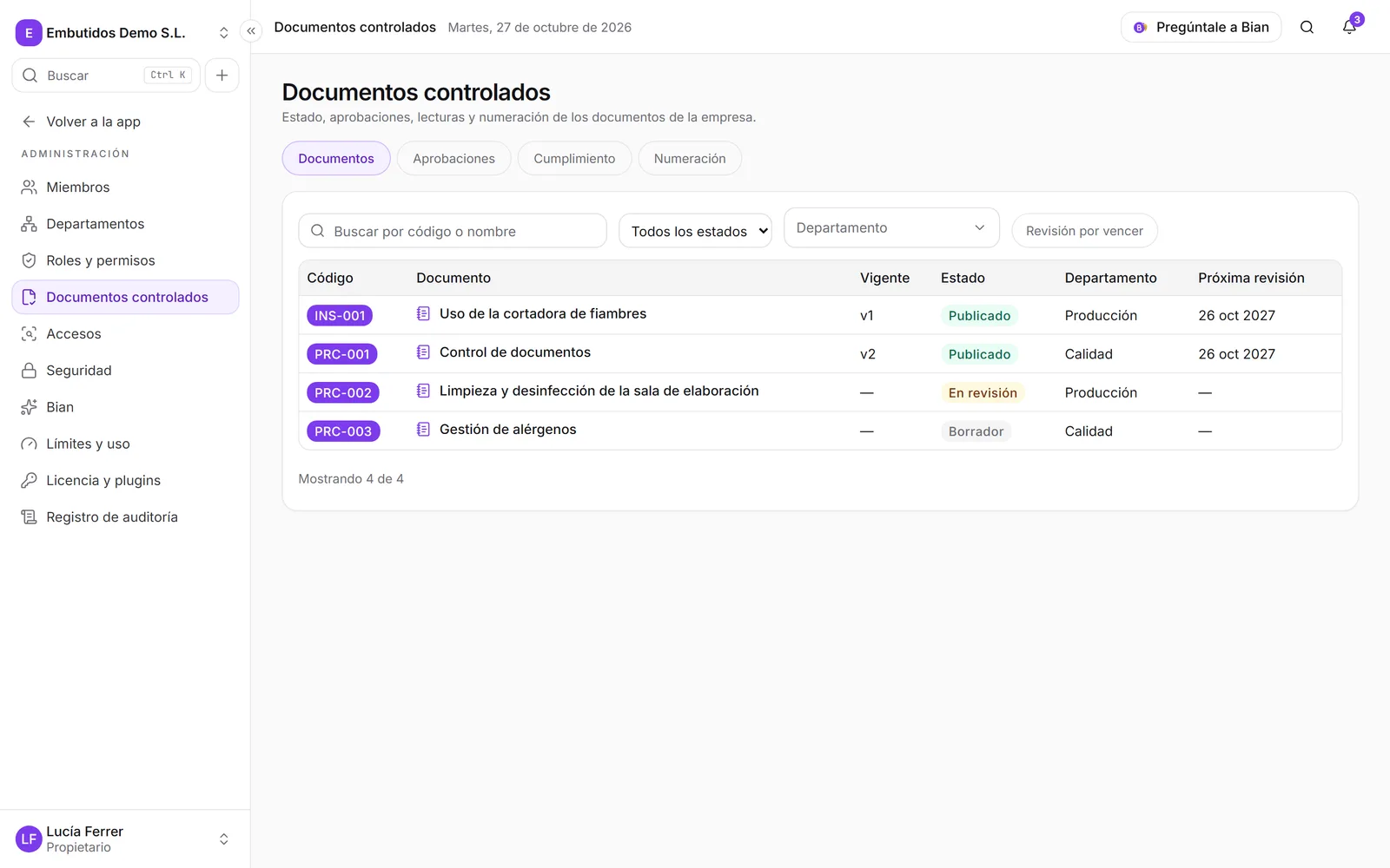 El listado de documentos controlados con código, estado, departamento y próxima revisión