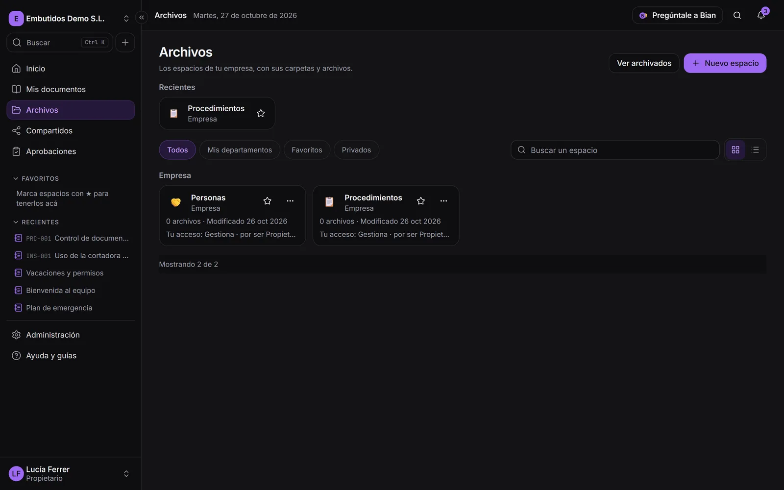 La lista de espacios con favoritos, recientes y el motivo del acceso de cada uno