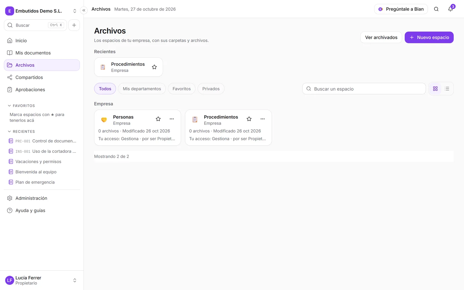 La lista de espacios con favoritos, recientes y el motivo del acceso de cada uno