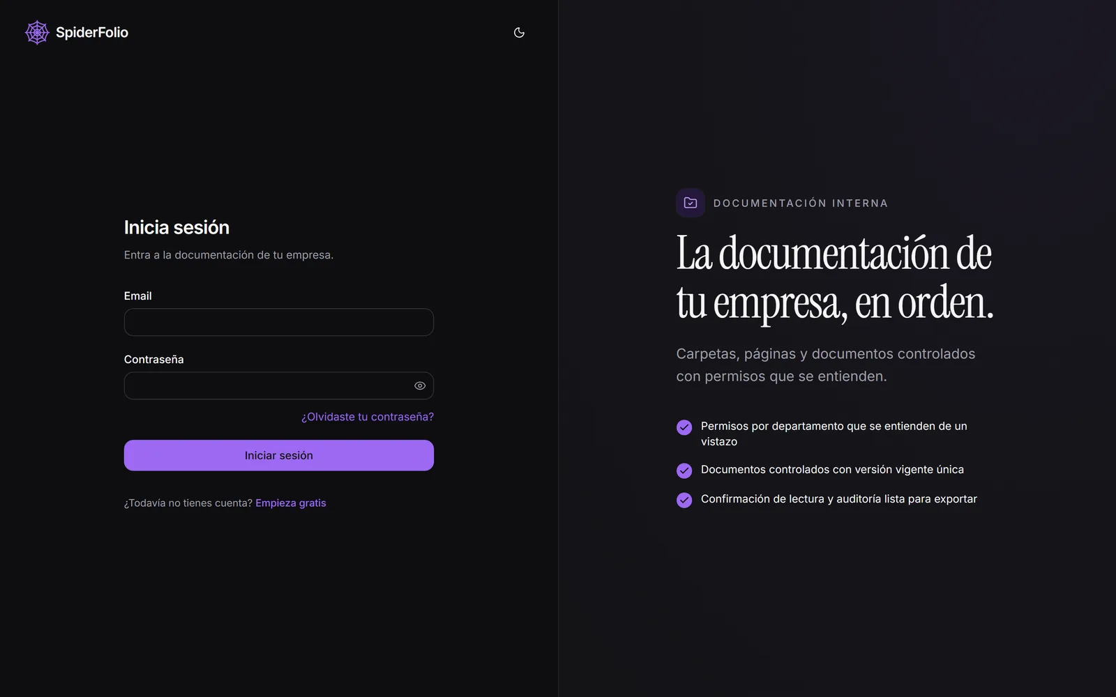 El Inicio de SpiderFolio con los documentos vigentes, lo pendiente y la actividad de la empresa