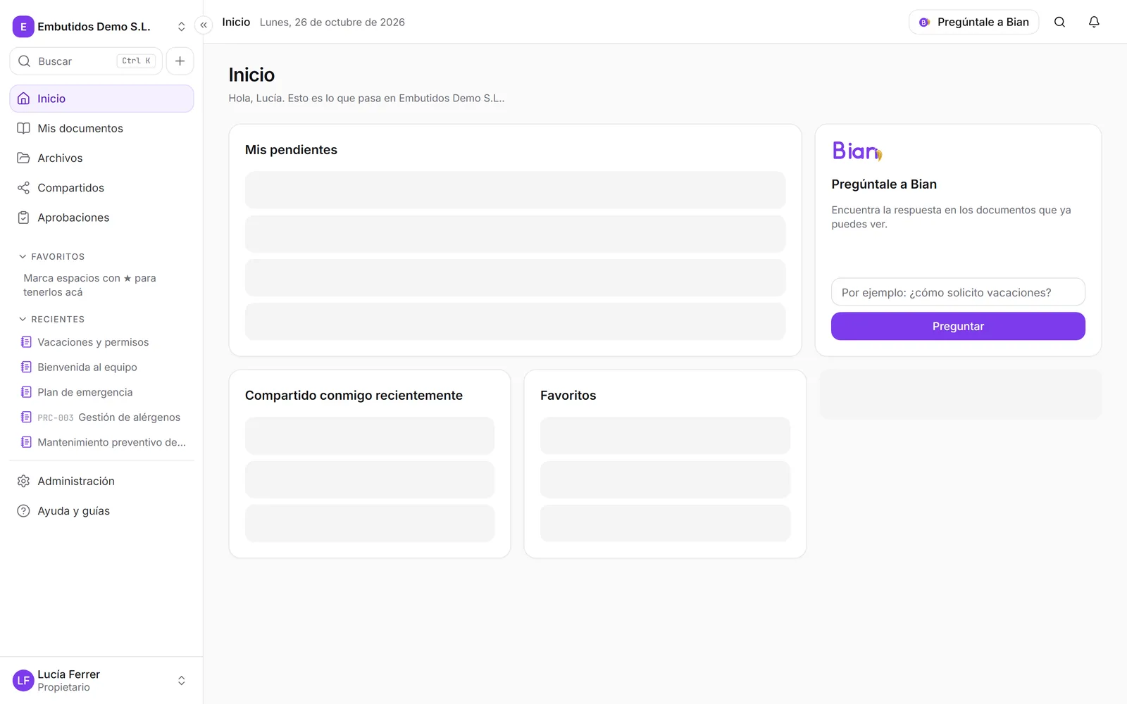 El Inicio de SpiderFolio con los documentos vigentes, lo pendiente y la actividad de la empresa