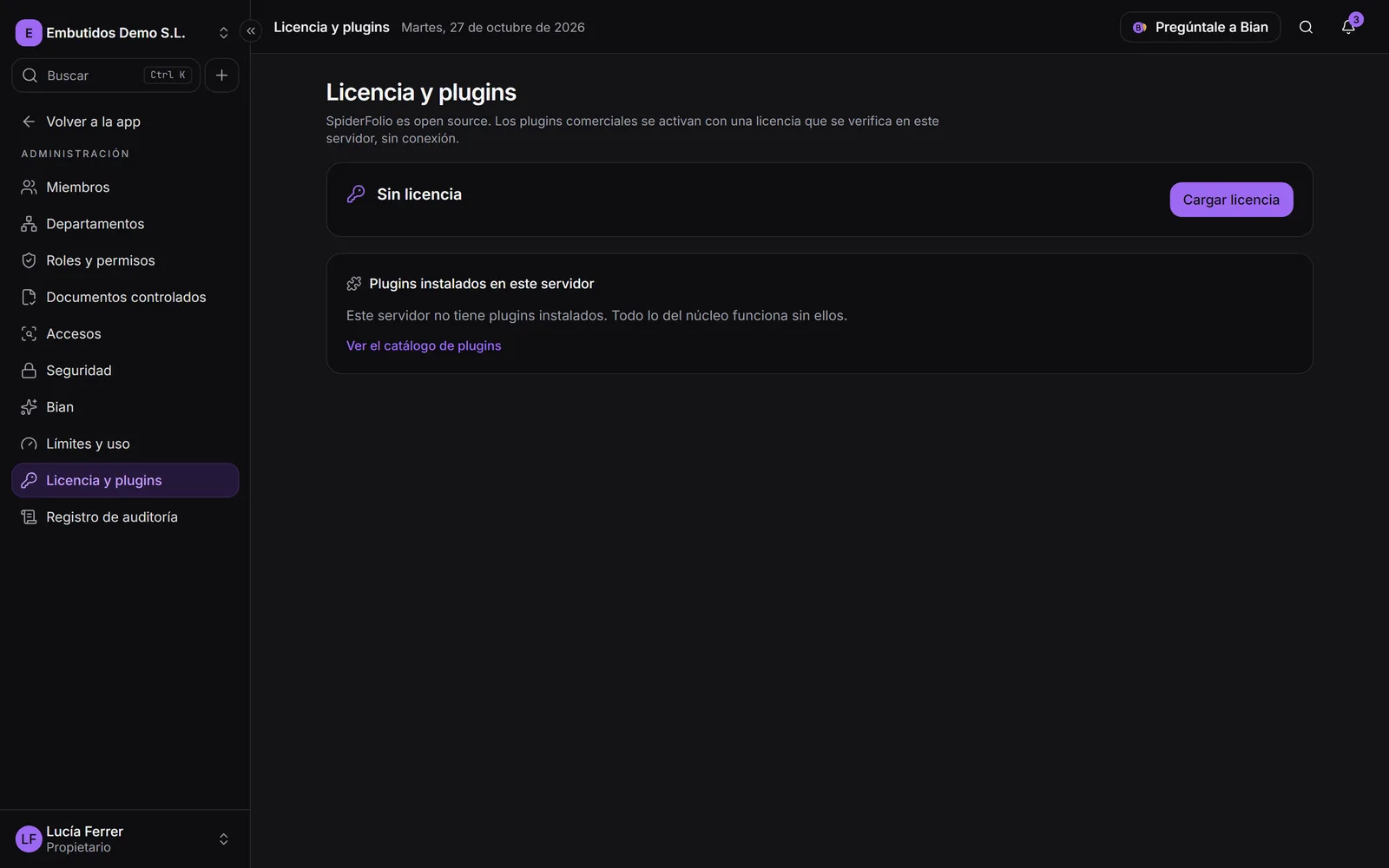 La pantalla Licencia y plugins, donde se pega la licencia y se ve el estado de cada plugin