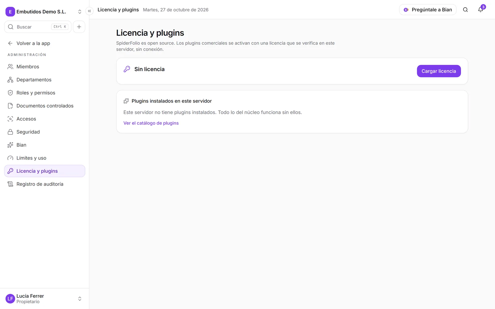 La pantalla Licencia y plugins, donde se pega la licencia y se ve el estado de cada plugin