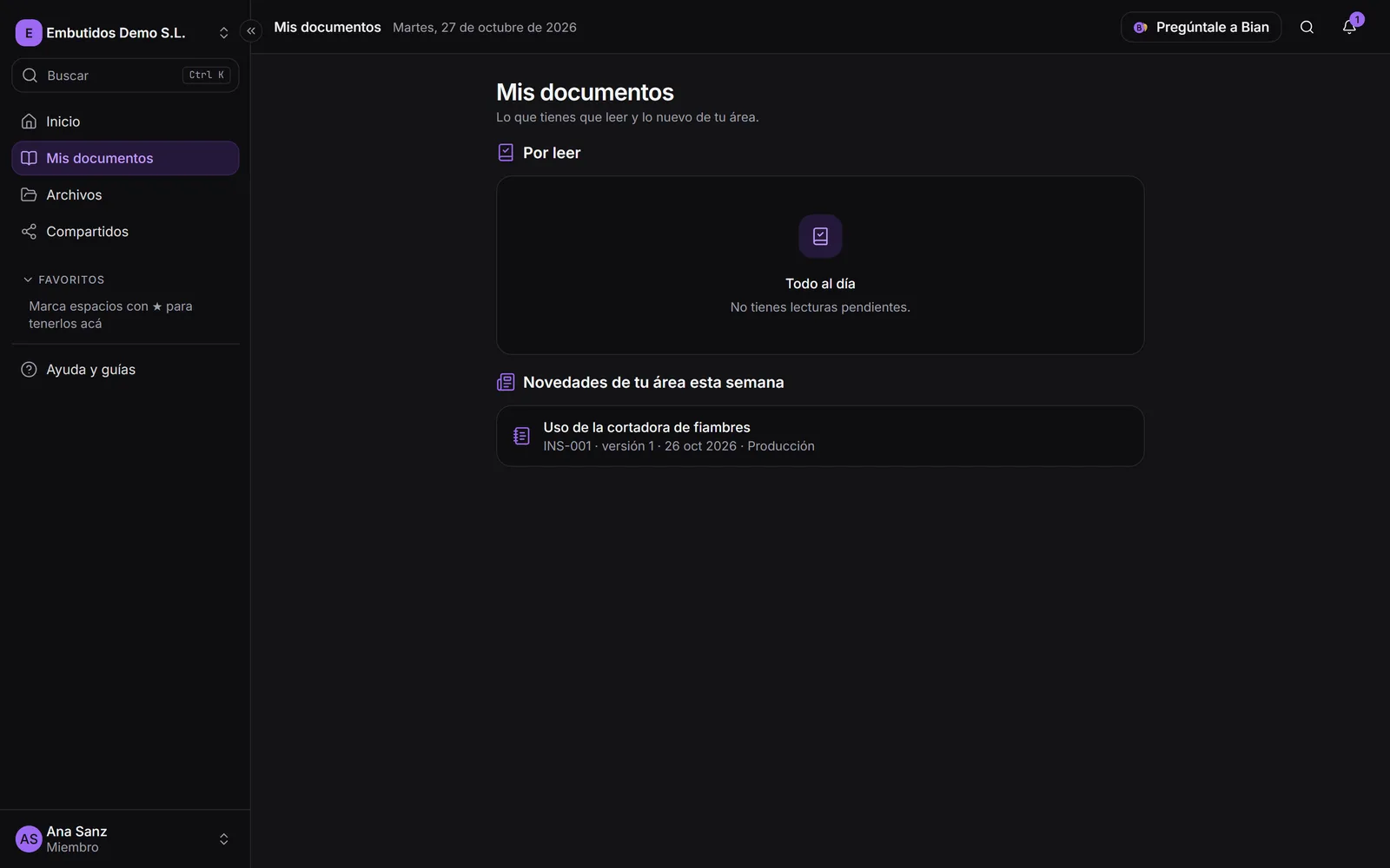 Mis documentos con las lecturas pendientes, las novedades del área y los recientes