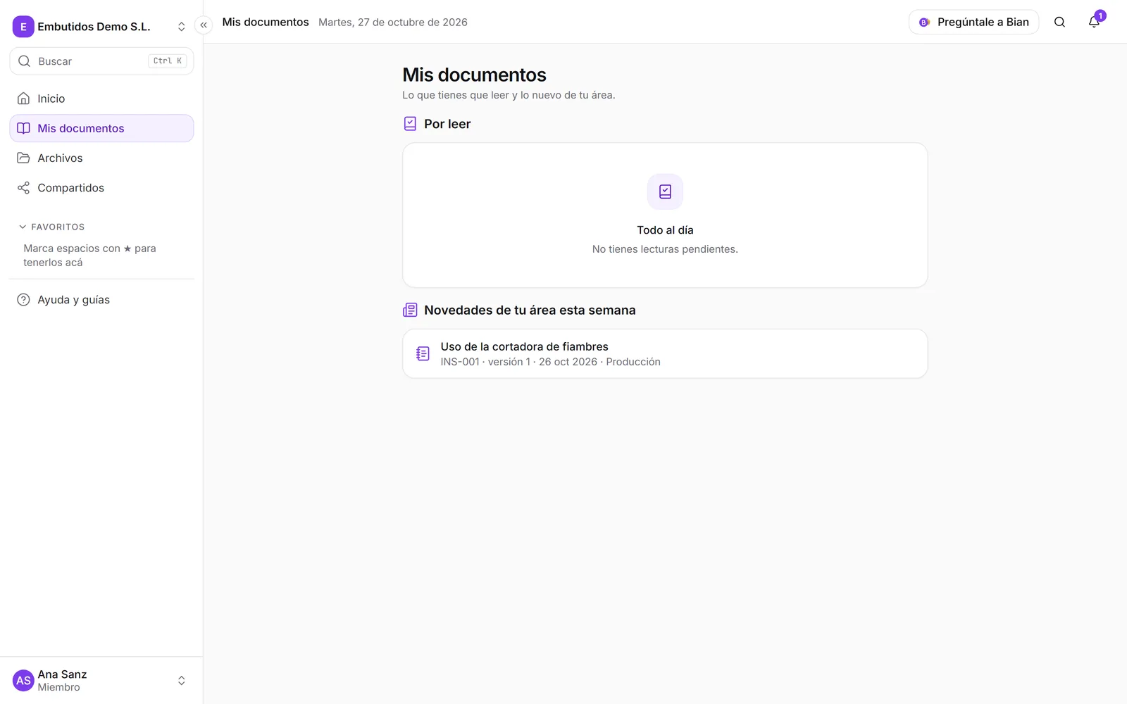 Mis documentos con las lecturas pendientes, las novedades del área y los recientes