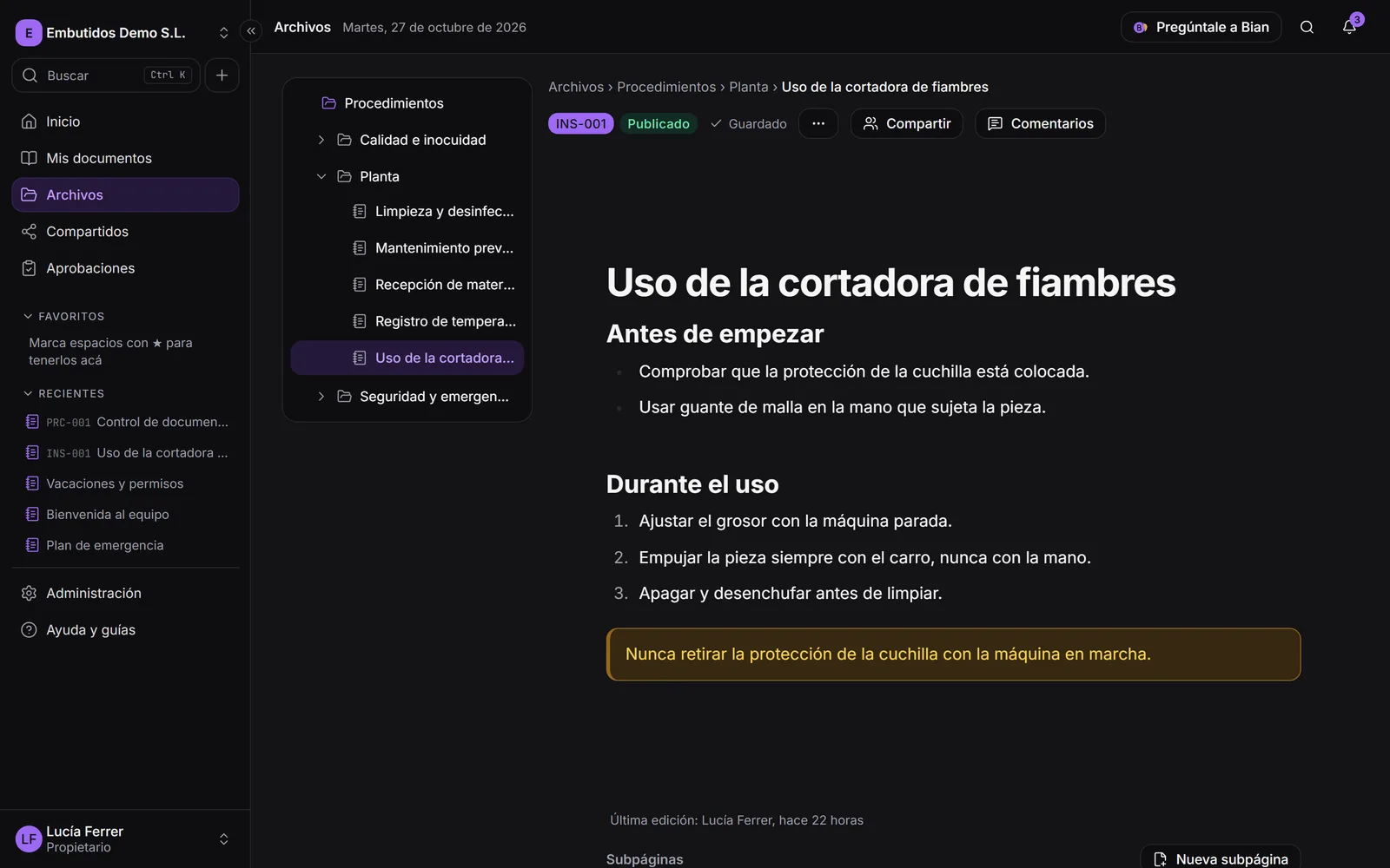Una página con título, ícono, índice y bloques de texto, tabla y avisos