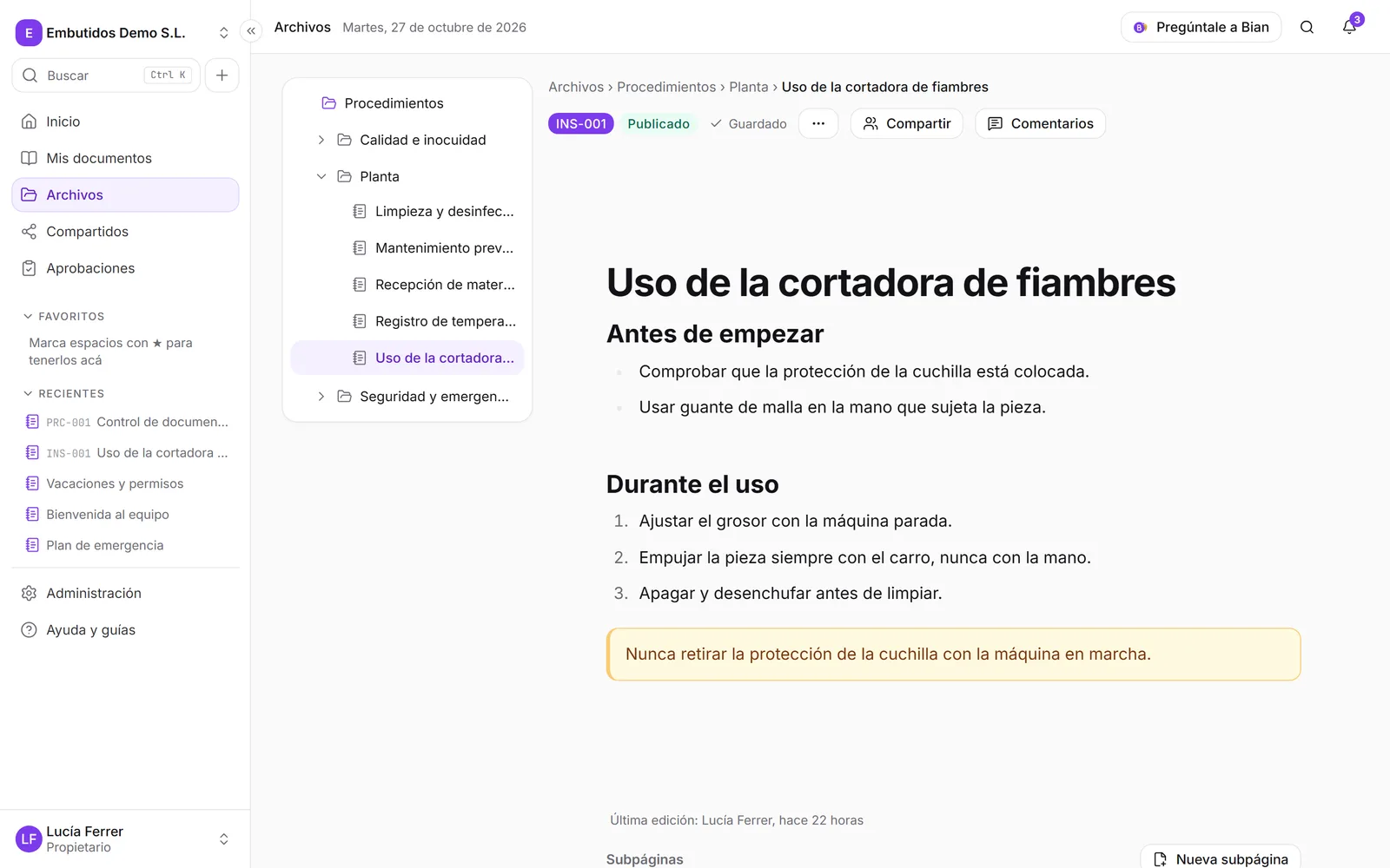 Una página con título, ícono, índice y bloques de texto, tabla y avisos